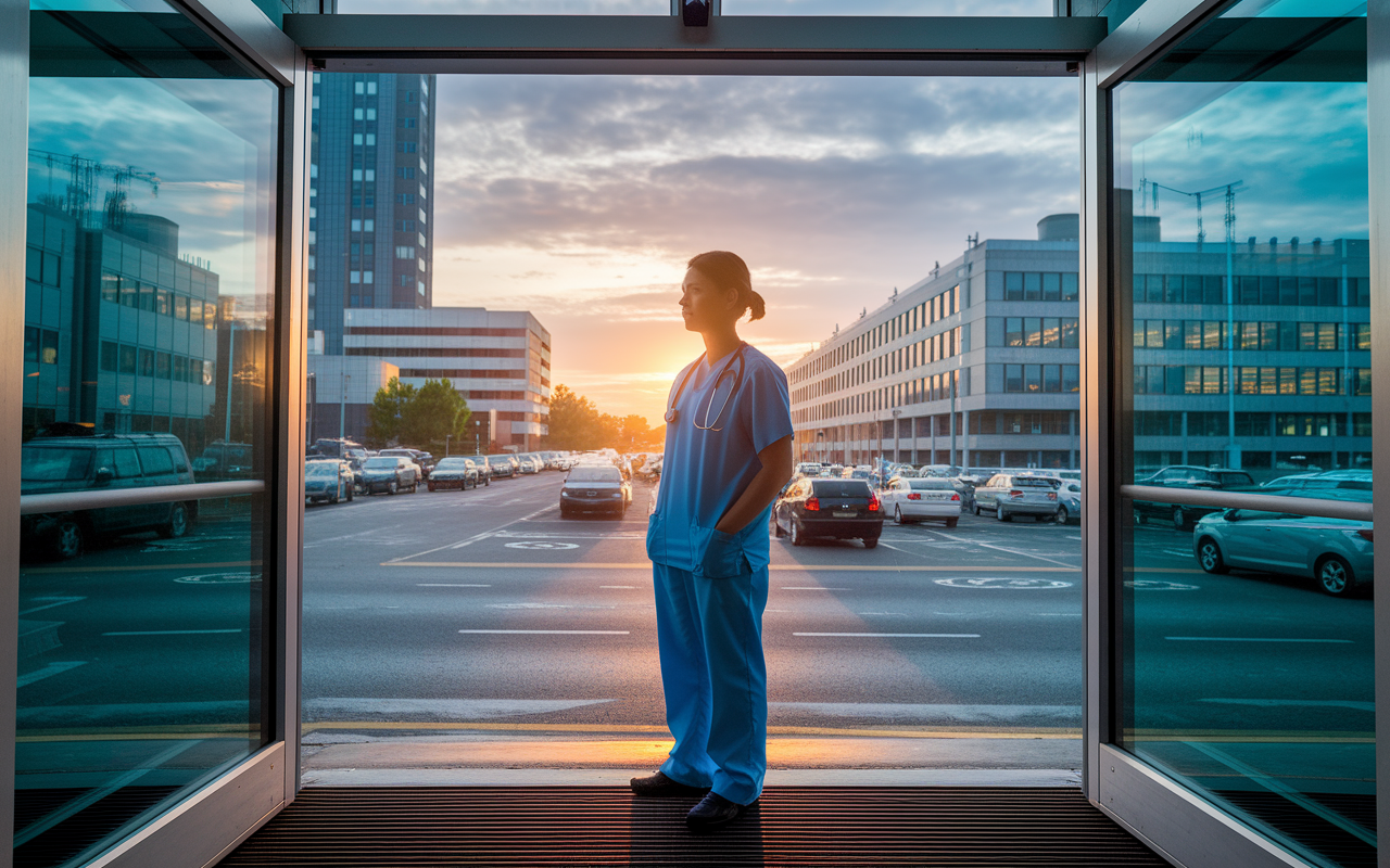 A dramatic wide shot depicting a medical resident standing at the entrance of a busy hospital at dawn, with a determined expression. The rising sun casts a hopeful glow behind the hospital, symbolizing new beginnings and challenges. The scene captures the essence of resilience in medicine amidst the hustle and bustle of patients and healthcare providers.