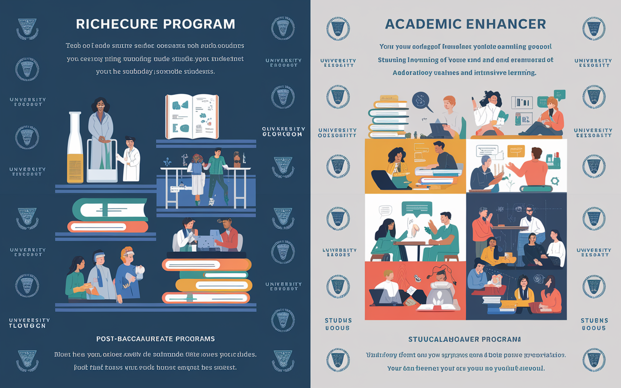 A visually engaging infographic showcasing different types of post-baccalaureate programs. On the left, a Career Changer Program is represented by illustrations of diverse students studying science in a laboratory setting, alongside biology textbooks. On the right, an Academic Enhancer Program is depicted with an academic montage of students engaged in vibrant study groups, showcasing teamwork and intensive learning. The background is a collage of university logos and motivational quotes about education.