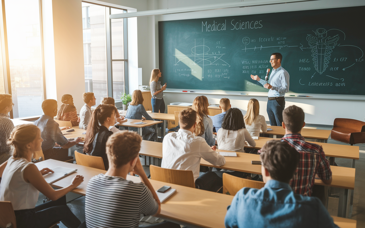 A modern university classroom filled with diverse students attentively listening to an engaging professor delivering a lecture on medical sciences. The atmosphere is vibrant with a large chalkboard displaying complex equations and diagrams, natural light flooding through tall windows, and the students interacting enthusiastically. Groups of students can be seen discussing among themselves, creating a dynamic learning environment embodying collaboration and knowledge-sharing.