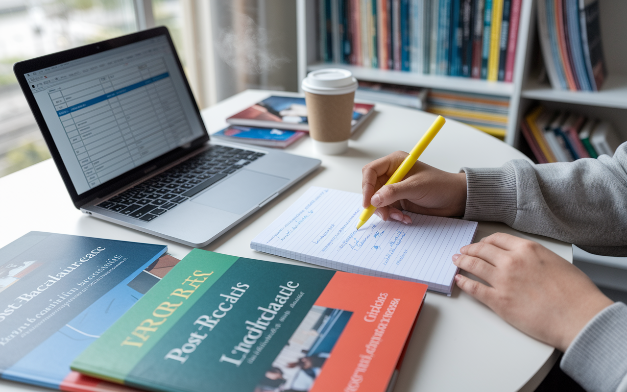 A student seated at a table filled with catalogs and brochures from various post-baccalaureate programs, with a laptop open displaying a comparison chart of program curricula. A notepad is filled with handwritten notes and a highlighter in hand. The setting is bright and academic, with shelves of textbooks and a coffee cup steaming beside the student, conveying a sense of focused research and determination.