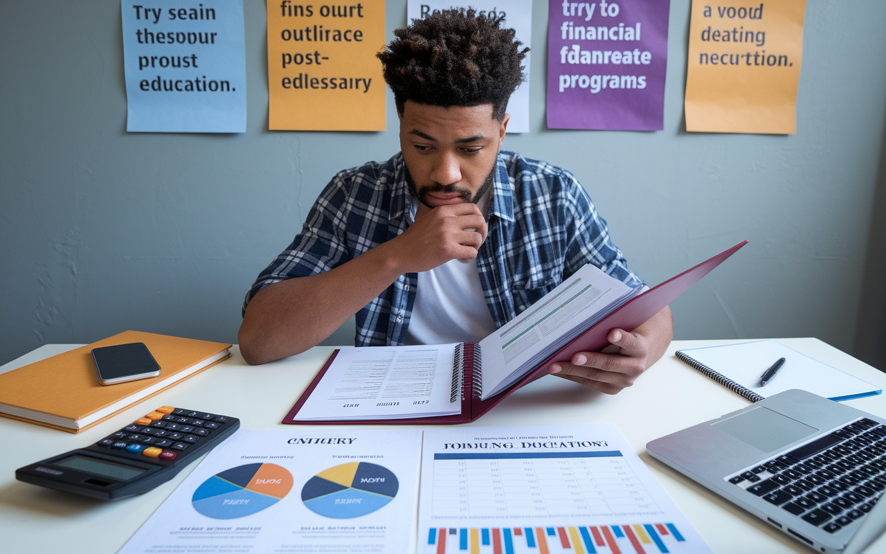 A thoughtful student reviewing a folder of financial documents, including tuition fees and scholarship opportunities, while seated at a desk adorned with calculators, a laptop, and motivational posters about education. The setting suggests a dedicated workspace, with notes and charts outlining expenses related to various post-baccalaureate programs, highlighting the importance of financial planning in education.