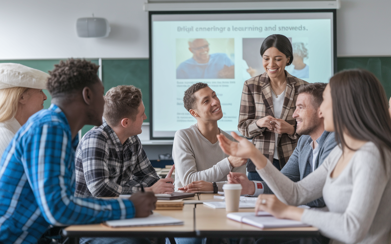 A diverse group of students engaged in a lively discussion during a classroom session, with one student presenting a medical case on a projector screen. Others are taking notes, raising their hands, and discussing actively amongst themselves, reflecting a collaborative academic atmosphere filled with enthusiasm for learning and sharing knowledge.