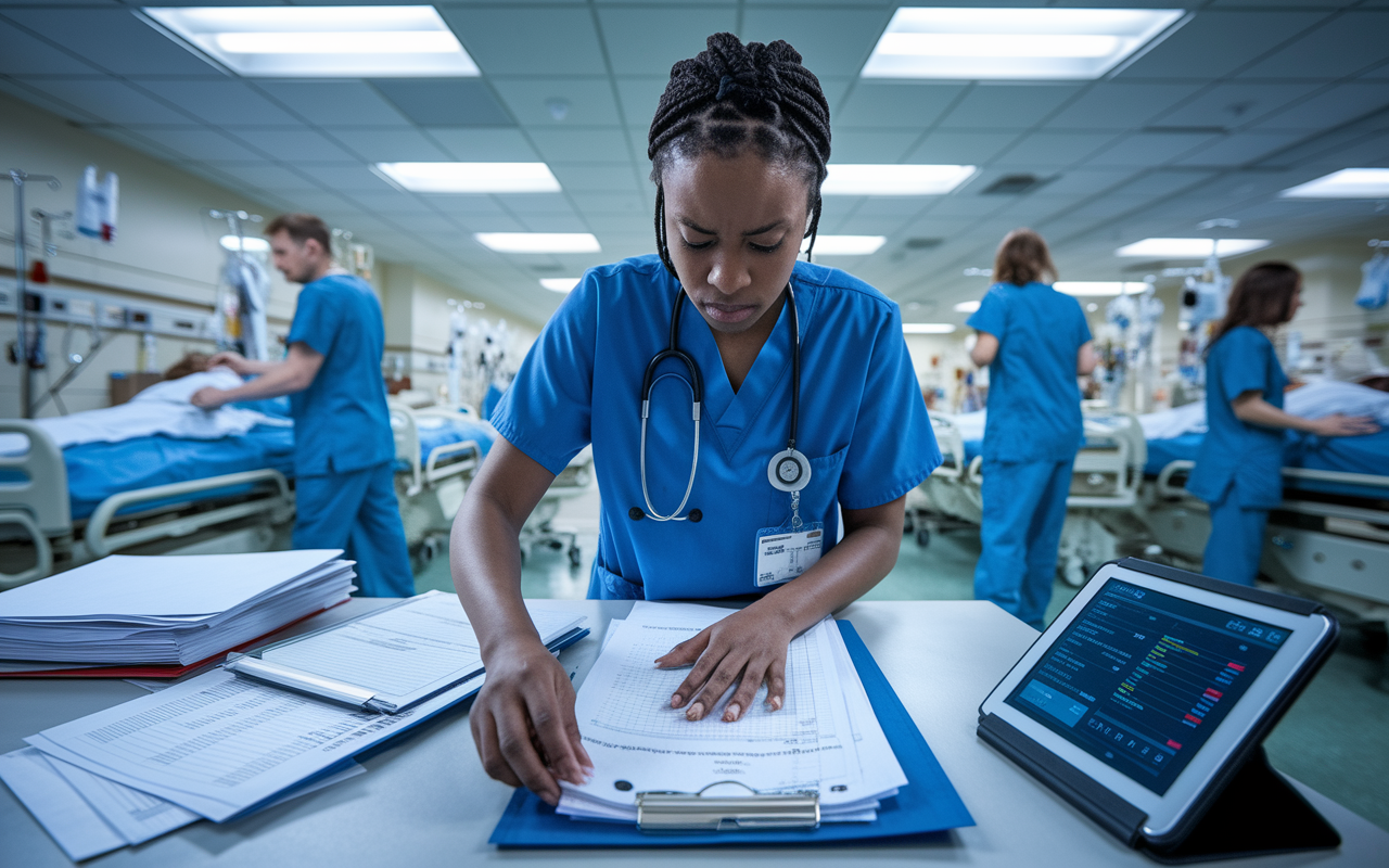 An overworked medical intern feverishly organizing patient charts in a bustling hospital ward during a busy shift. Papers scattered on the desk and a digital tablet displaying patient data. The intern, a young Black woman in scrubs, is intensely focused, with bags under her eyes, surrounded by a cacophony of medical staff members and equipment in a brightly lit environment, exuding a sense of urgency and responsibility.