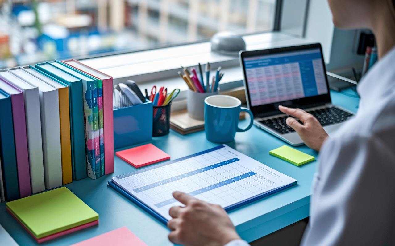 A close-up view of a well-organized intern's desk in a busy hospital. The desk features neatly arranged medical books, a digital planner displaying a full schedule, patient charts arranged harmoniously, a coffee mug, and bright sticky notes. The atmosphere conveys a sense of control and efficiency amidst the surrounding clinical chaos visible through a nearby window.