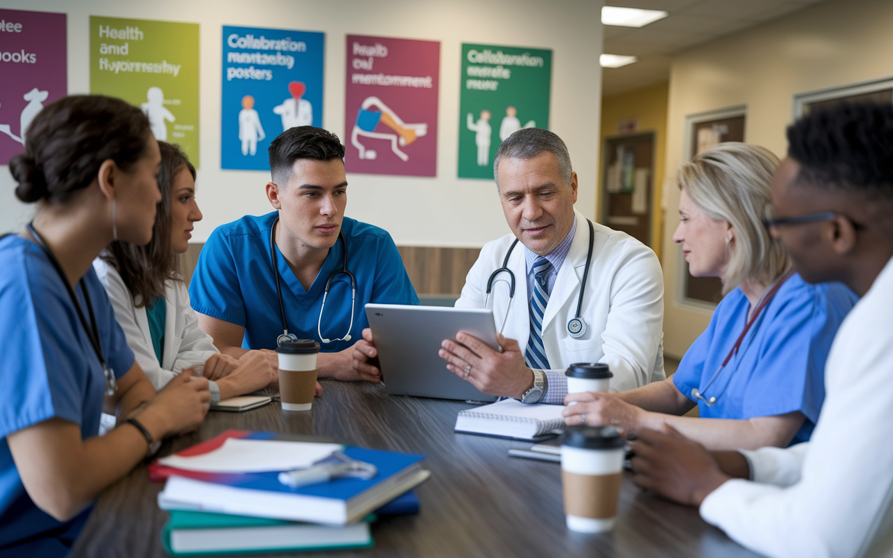 A group of healthcare professionals gathered in a hospital break room, engaged in a discussion. An intern, a young Hispanic male, is attentively listening as a senior resident explains a patient case on a digital tablet. The table is cluttered with medical textbooks and coffee cups, while the wall displays colorful health posters, showcasing collaboration and mentorship in a warm, inviting environment.