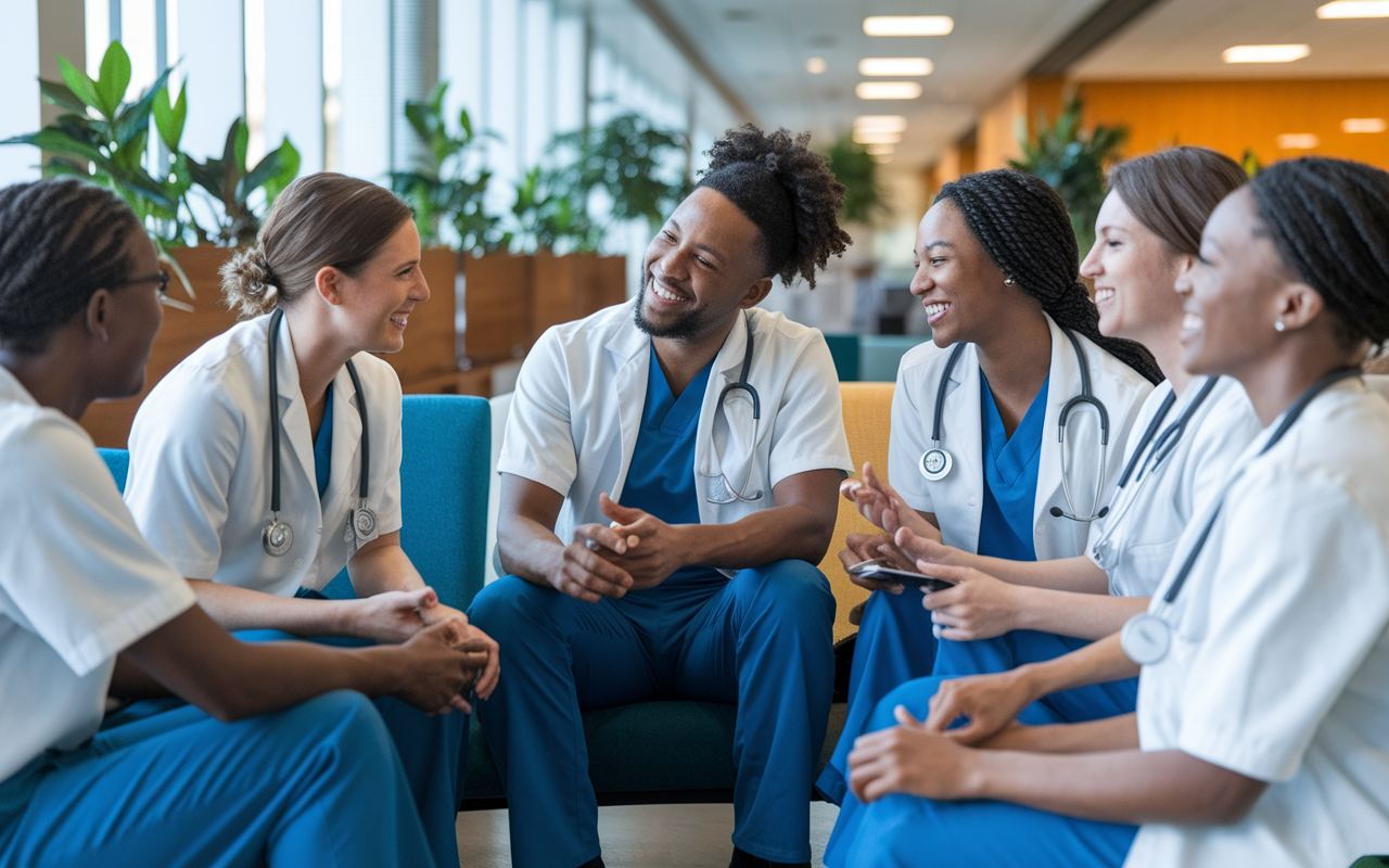 A candid moment capturing several medical interns sitting together in a hospital lounge, sharing their experiences during a break. They are exchanging smiles, laughter, and advice surrounded by calming decor with plants and natural light. The diverse group represents camaraderie and shared growth, highlighting the importance of support and community in a challenging environment.