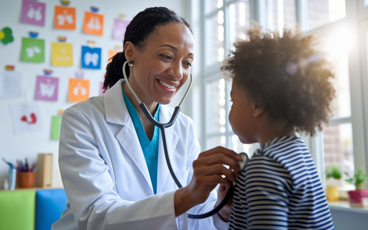 A compassionate family physician, a middle-aged woman in a white coat, examining a young child in a bright and inviting clinic room filled with colorful drawings and educational posters. The physician has a warm smile, radiating care as she gently checks the child's heartbeat with a stethoscope. Sunlight filters through large windows, creating a nurturing atmosphere.