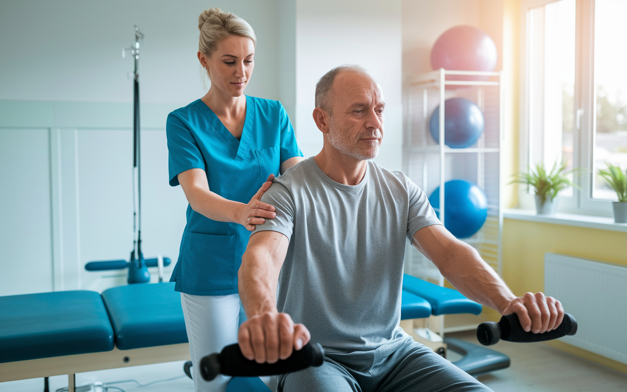 A physical medicine and rehabilitation specialist guides a patient through a rehabilitation exercise in a bright physical therapy room. The patient, an older man, focuses on strengthening movements with equipment in a sunny and motivational environment. The specialist, a middle-aged woman, encourages with hands-on guidance and support.