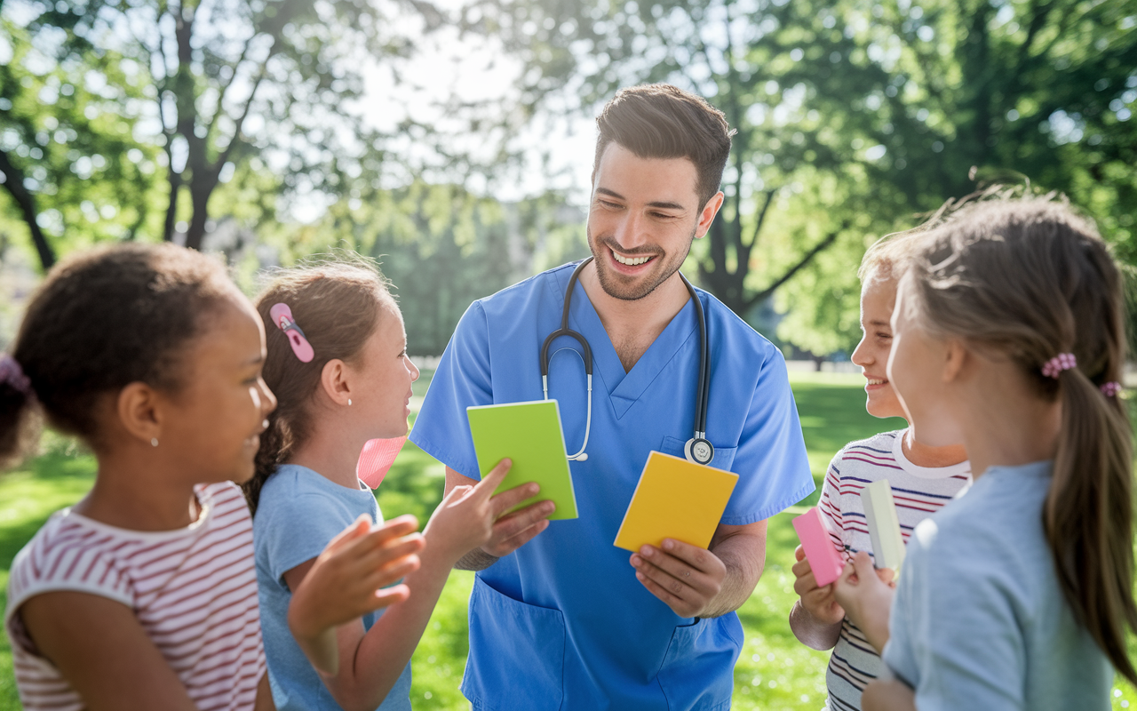 A cheerful pediatrician, a young man in blue scrubs, interacts with a group of children in an outdoor park, where he performs fun health quizzes using colorful flashcards. The children are smiling and engaged, surrounded by vivid greenery and sunshine filtering through the trees, showcasing joy and connection in pediatric care.