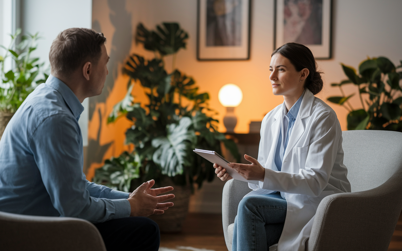 A serene psychiatrist's office where a young psychiatrist listens intently to a patient seated across from her. The room is warmly decorated with calming colors and artwork, and plants add to the peaceful ambiance. Soft lighting highlights their expressions, conveying empathy and understanding.