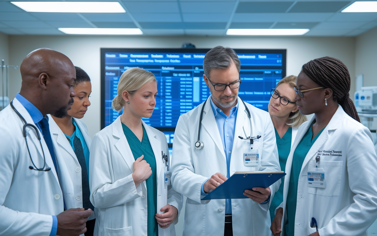 A group of internal medicine doctors collaborating in a hospital ward, reviewing patient charts and test results on a digital board. The doctors, a diverse group of men and women in professional attire, discuss strategies earnestly. The bright, well-equipped hospital room conveys teamwork and dedication to patient care.