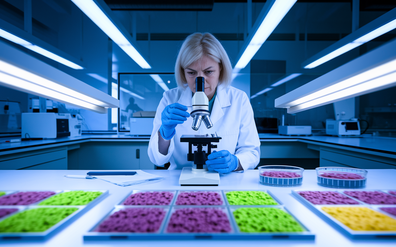 A pathologist, a middle-aged woman in a lab coat, analyzing a tissue sample under a microscope in a modern laboratory. Surrounding her are advanced lab equipment and vibrant slides filled with colorful tissues. Bright fluorescent lights amplify the sterile and focused environment of the lab, showcasing the importance of pathology.