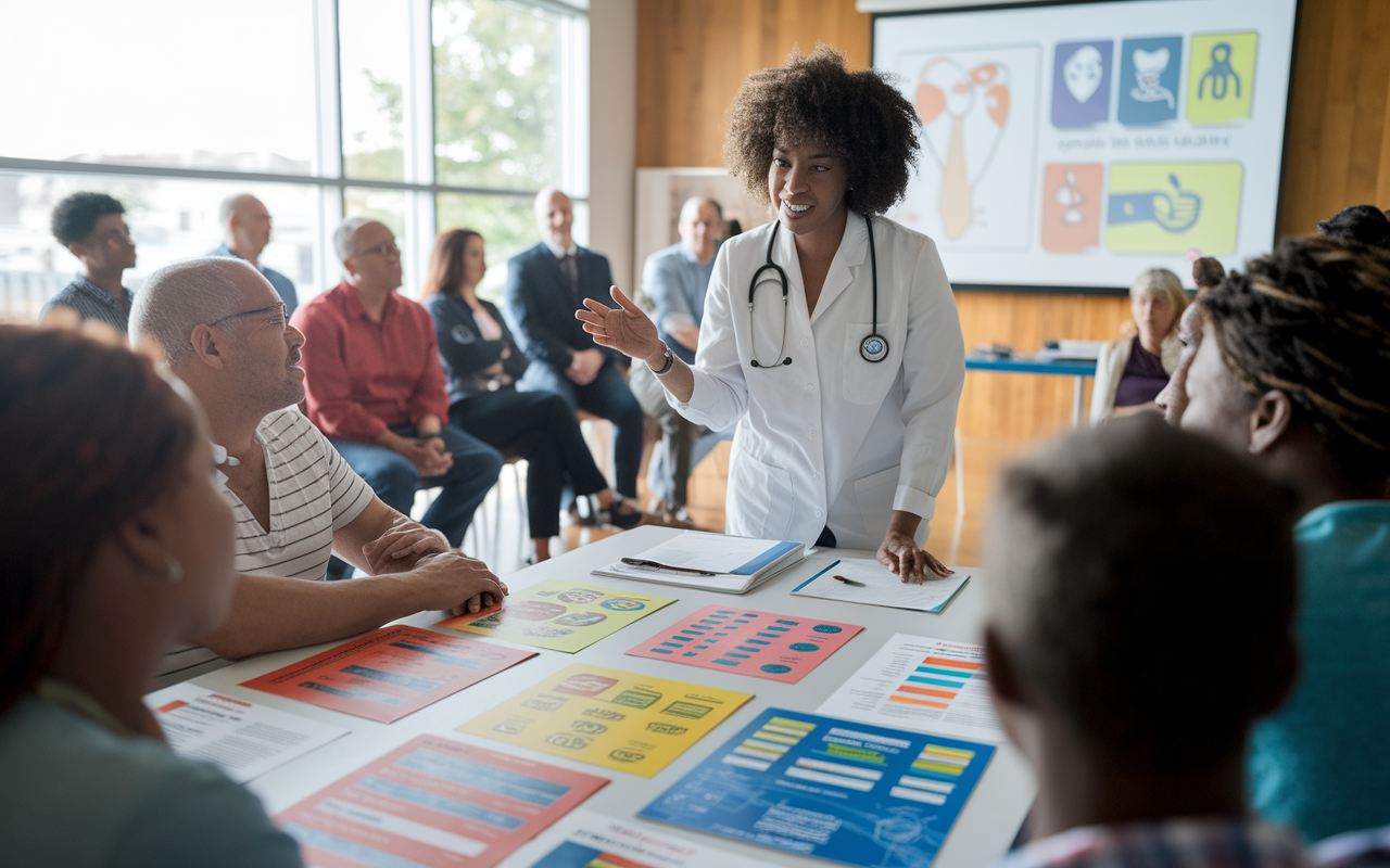 A preventive medicine specialist conducts a health education seminar in a community center, engaging with a diverse audience of adults and young people. Colorful charts and health pamphlets are displayed on a table, while a projector displays informative graphics. Natural light brightens the room, inspiring community health involvement.