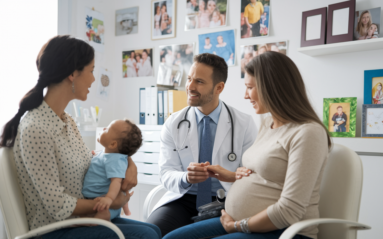 A busy family medicine clinic, where a family physician is seen providing prenatal consultation to a pregnant woman, while an infant is held by another parent. The office is bright and welcoming, decorated with family photos and children's drawings. The warmth of the interaction reflects the community's trust in their care.