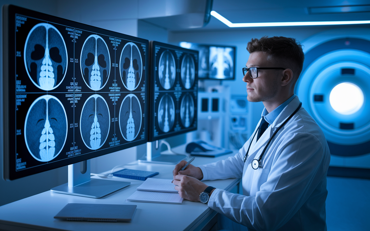 A radiologist examines X-ray and MRI scans on a digital screen in a high-tech radiology suite. The room is sleek, with images illuminated clearly on large monitors. The radiologist, a young man in glasses, takes notes, showcasing concentration and technological engagement in modern medical imaging.