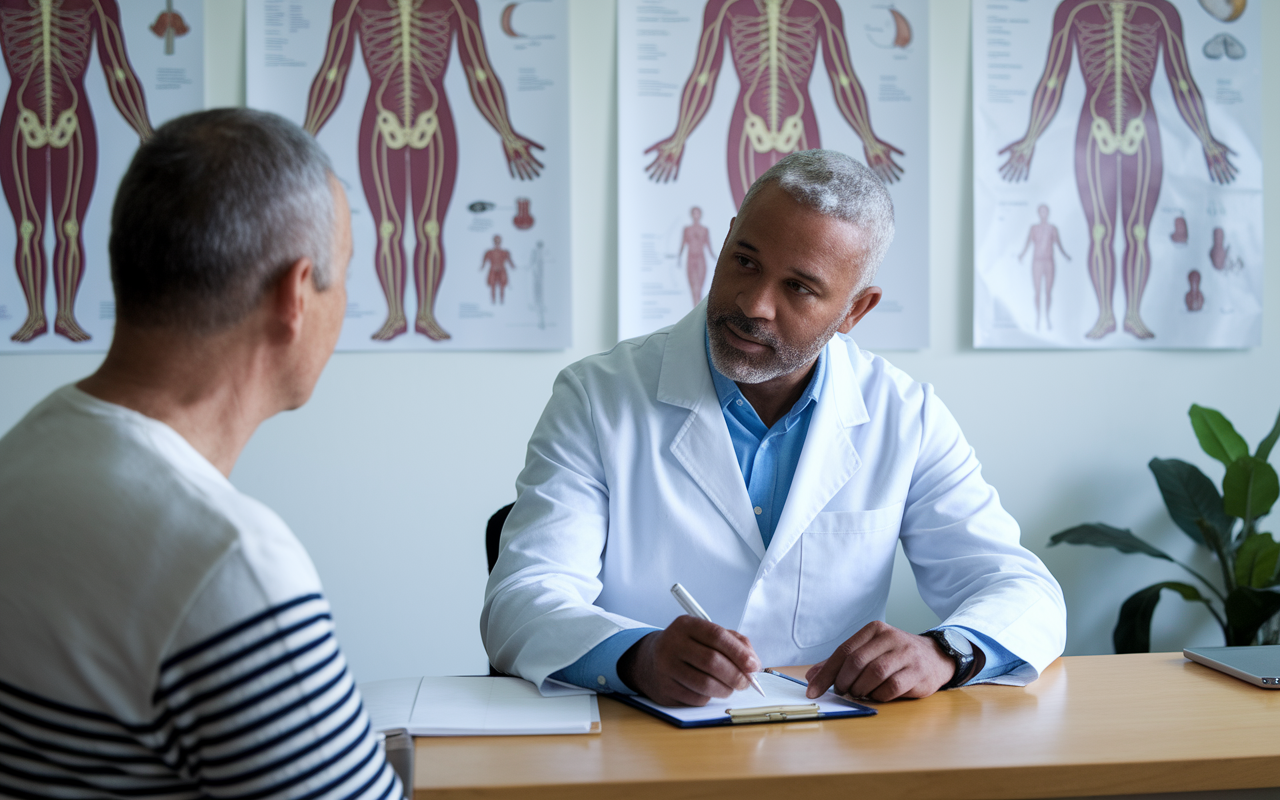 A neurologist and a patient discuss symptoms in a well-lit office decorated with diagrams of the nervous system. The neurologist, an older man in a lab coat, is jotting down notes while maintaining eye contact, showing empathy and professionalism. The setting implies a thorough clinical evaluation focused on patient care.