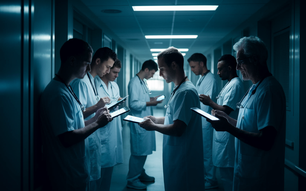 A dimly lit hospital corridor during a night shift, where interns are seen in various states of fatigue, reviewing patient cases on their tablets. The soft glow of overhead lights highlights their focused expressions, while shadows create a stark contrast in the background. The atmosphere is tense but offers a glimpse of teamwork, with one intern exchanging notes with a senior attending physician. The scene captures the essence of dedication and the reality of long, demanding hours.