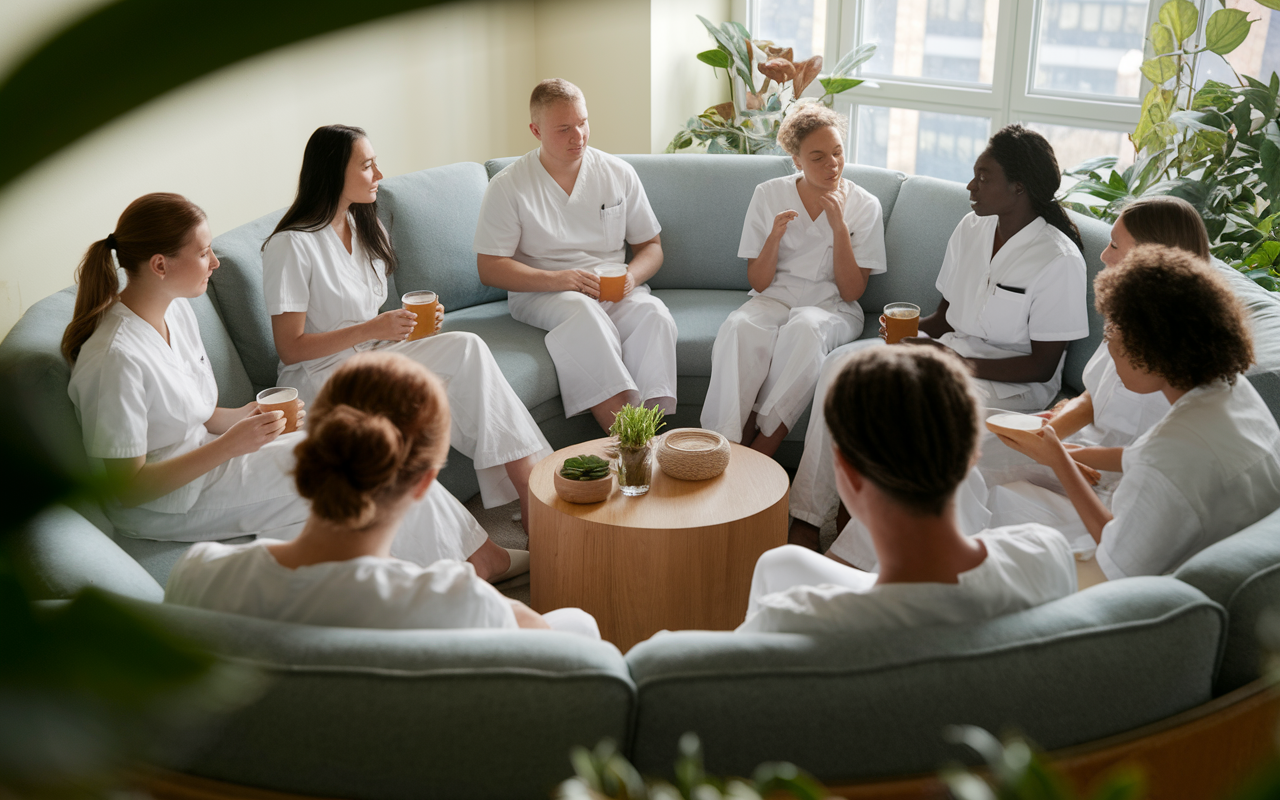 A tranquil relaxation room in a hospital where interns are sitting in a circle, sharing their experiences and offering support to one another. The room is softly lit, filled with plants, and exudes a calm ambiance. Some interns are sipping herbal tea while others are engaged in heartfelt conversation. Emotional expressions of solidarity and concern highlight the importance of building a support network amidst the stressful internship environment.