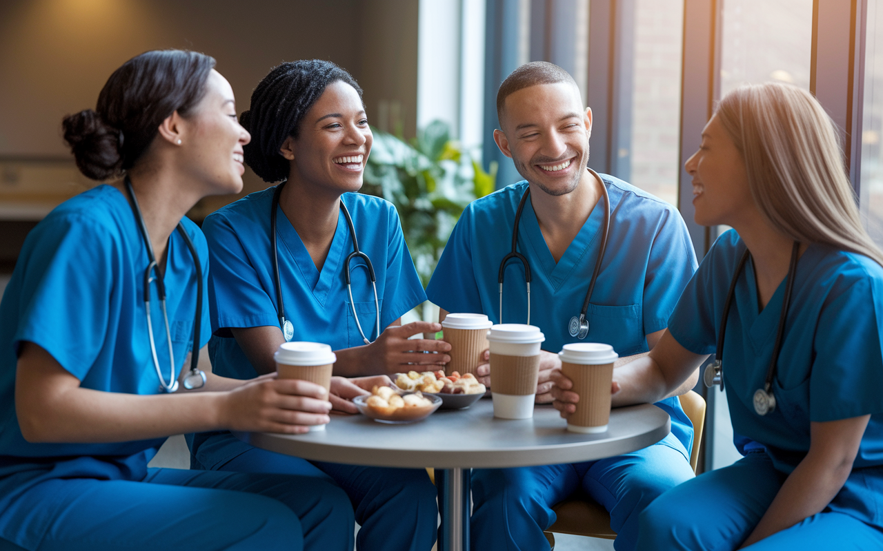 A group of four diverse medical interns in scrubs, gathered around a small table in a hospital break room. They are sharing a moment of laughter and support, with coffee cups and healthy snacks scattered across the table. The atmosphere conveys camaraderie and relief from the stress of their day, with daylight streaming through a nearby window, creating a warm and inviting tone. The intern's expressions showcase a mix of joy and the relief that comes from shared experiences.