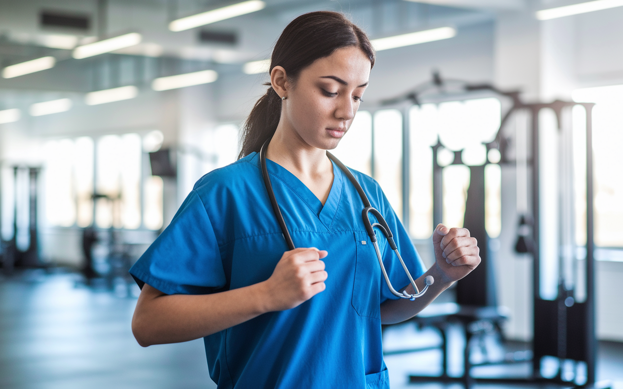 A young female intern in medical scrubs, taking a break from her duties to work out in a bright, modern gym. She is engaged in a cardio workout, showcasing determination and commitment to her well-being. The gym is filled with natural light and has various exercise equipment in the background. The intern's focused expression highlights the importance of physical activity in managing the demands of her intern year.