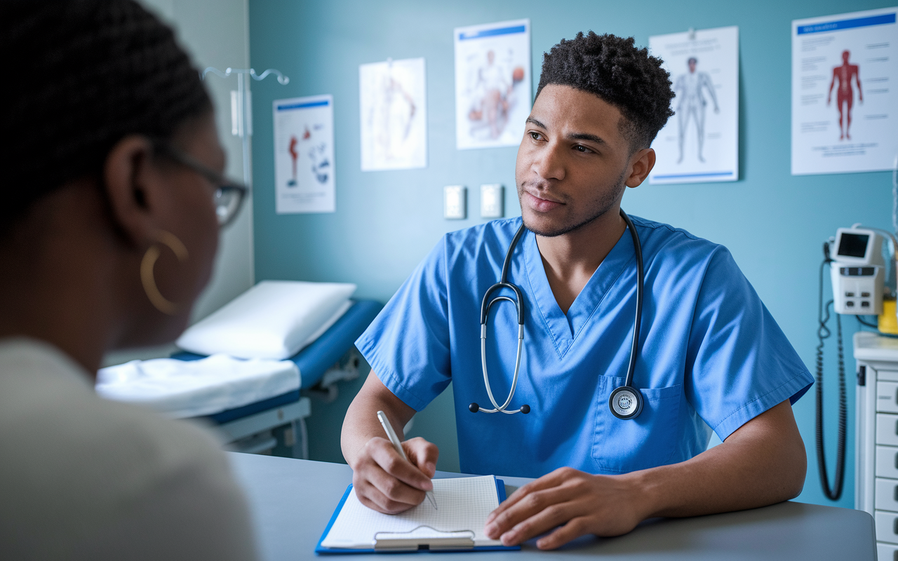 A young first-year intern in scrubs, sitting at a patient room, attentively taking notes while listening to a patient describe their symptoms. The room is well-lit, with medical charts on the wall and medical equipment on the side. Emphasize the intern's focused expression and the warmth of doctor-patient interaction, showcasing the vital connection in healthcare.