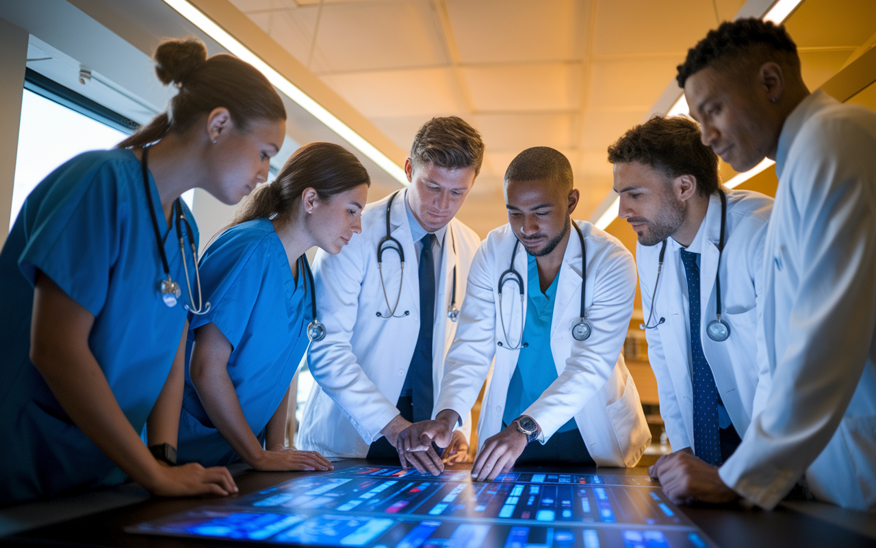 A diverse group of medical interns and senior residents engaged in a team meeting inside a hospital conference room. They are reviewing patient cases on a digital display, with the atmosphere conveying collaboration and learning. Warm lighting enhances the camaraderie, highlighting the focus and commitment among young healthcare professionals.