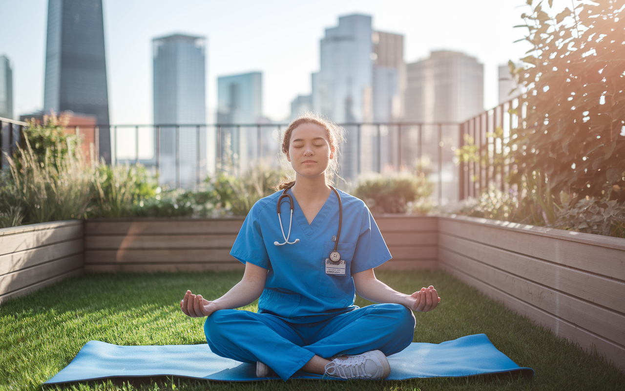 A first-year intern in scrubs sitting cross-legged on a quiet rooftop garden during break time, practicing mindfulness through deep-breathing exercises. Soft sunlight warms the scene, with city skyline views in the background, evoking a sense of peace amidst the hectic hospital environment.