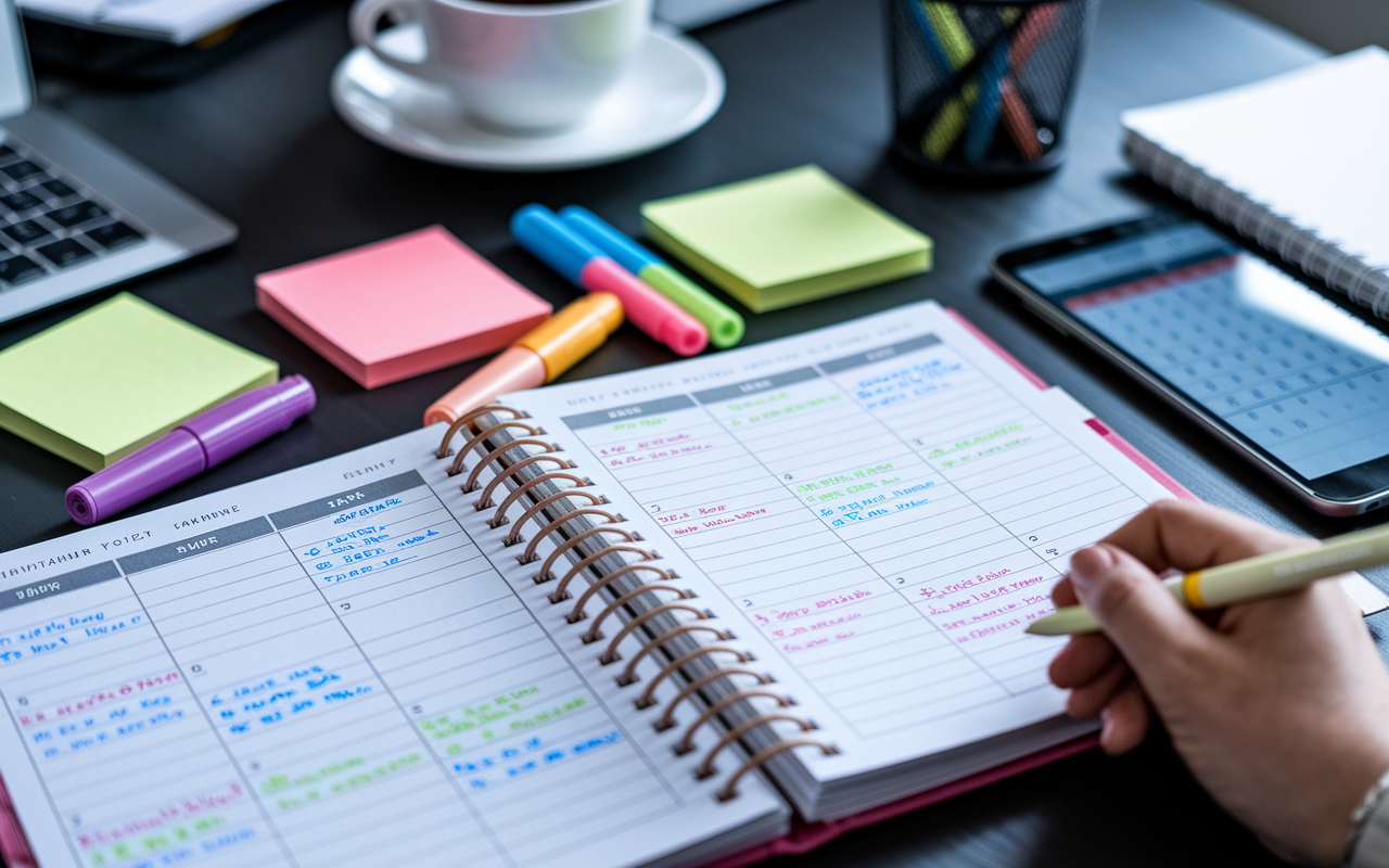 A close-up of a detailed daily planner opened on a desk, filled with handwritten notes, colored markers, and sticky notes. A digital device displays a calendar app with scheduled tasks. The background features a well-organized workspace, conveying a sense of order and efficiency in a busy intern's environment.