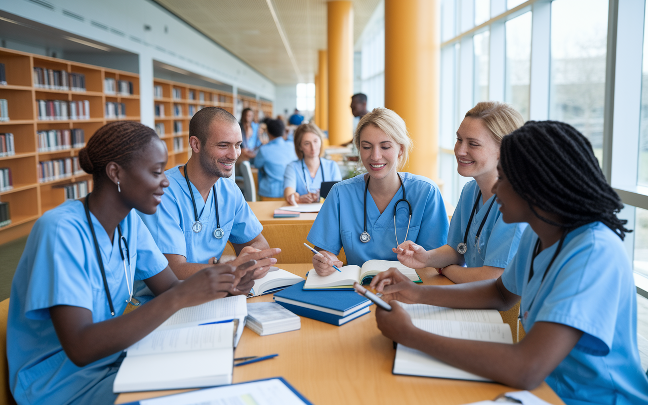 A group of diverse medical interns studying together in a bright modern library, surrounded by textbooks and notes. They are engaged in discussion, quizzing each other, with some using laptops to facilitate learning. The ambiance is lively and collaborative, showcasing a supportive learning environment.