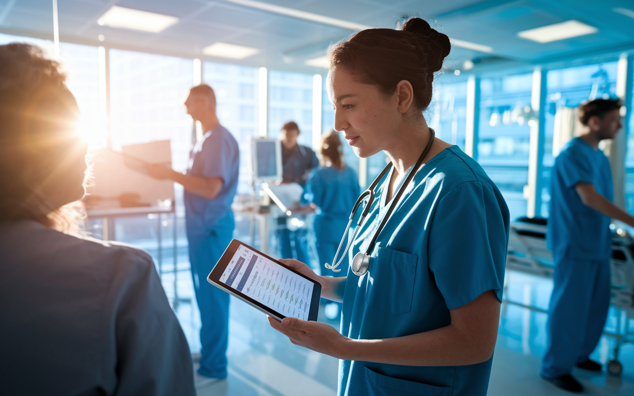 An intern in a bright hospital during the day, actively engaging in patient rounds. The intern, in scrubs, is attentively listening to a patient while holding a tablet filled with medical information. Sunlight filters through large windows, creating a warm and energetic ambiance. Hospital staff are seen in the background, with medical charts and equipment, emphasizing the bustling activity of a day shift.