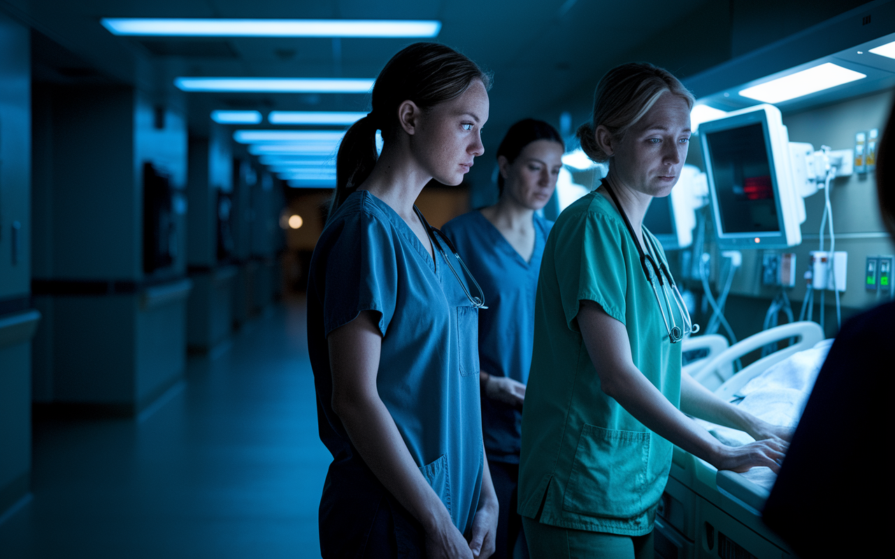 A scene depicting a night shift at a hospital, with an intern in scrubs looking focused and slightly tired, standing beside a nurse's station illuminated by dim lights. The atmosphere is tense, with a sense of urgency in the air as they discuss a patient case with urgency. The background reveals darkened hospital corridors and the faint glow of monitors, capturing the high-pressure environment of night shifts.