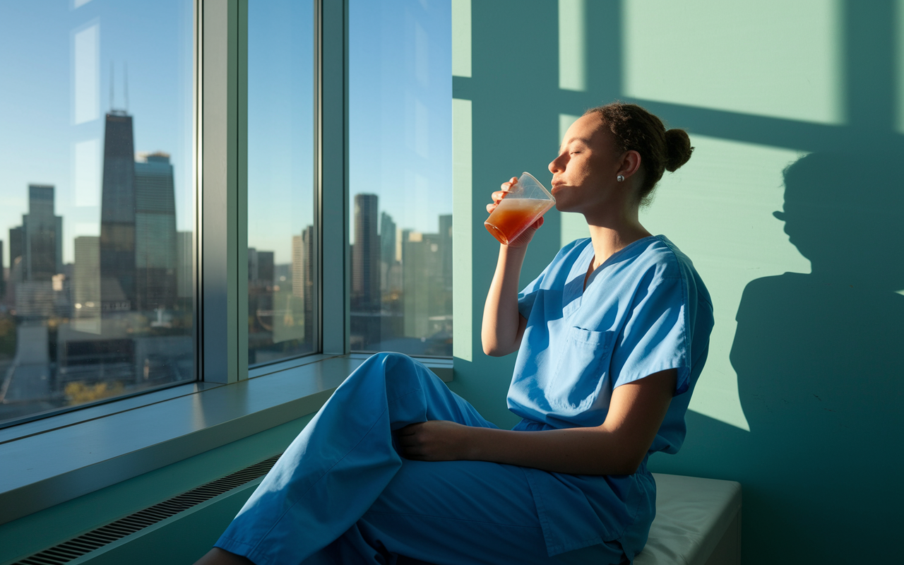 An exhausted intern in scrubs, taking a much-needed break in a quiet corner of the hospital. They are sipping a refreshing drink while looking out a window with a view of the city skyline. The atmosphere is peaceful, contrasting the busyness of the hospital. Soft sunlight casts gentle shadows, highlighting the intern's moment of rest amidst the chaos.