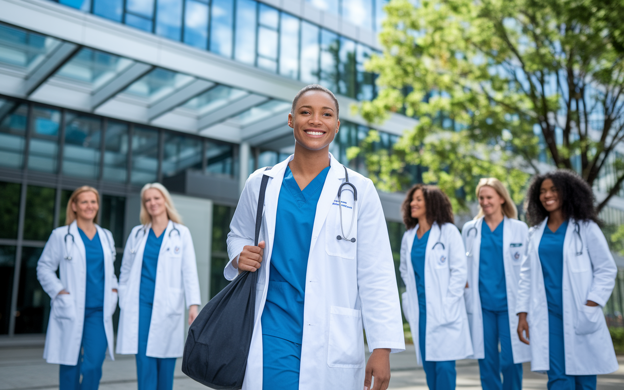 A confident intern standing proudly in front of the hospital, with colleagues and mentors around them, depicting a supportive and thriving environment. The scene is filled with bright daylight, symbolizing hope and success. The intern carries a medical bag, a subtle smile of accomplishment on their face, embodying resilience and strength earned through challenging experiences.