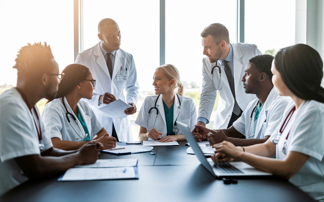 A group of diverse medical interns gathered around a conference table in a well-lit hospital meeting room. They are discussing a patient case, with one intern presenting while others listen intently. Medical charts and laptops are visible on the table. The atmosphere is collaborative, with expressions of concentration and eagerness to learn. Soft natural light streams through the windows, enhancing the hopeful and determined mood of the scene, symbolizing teamwork and growth.