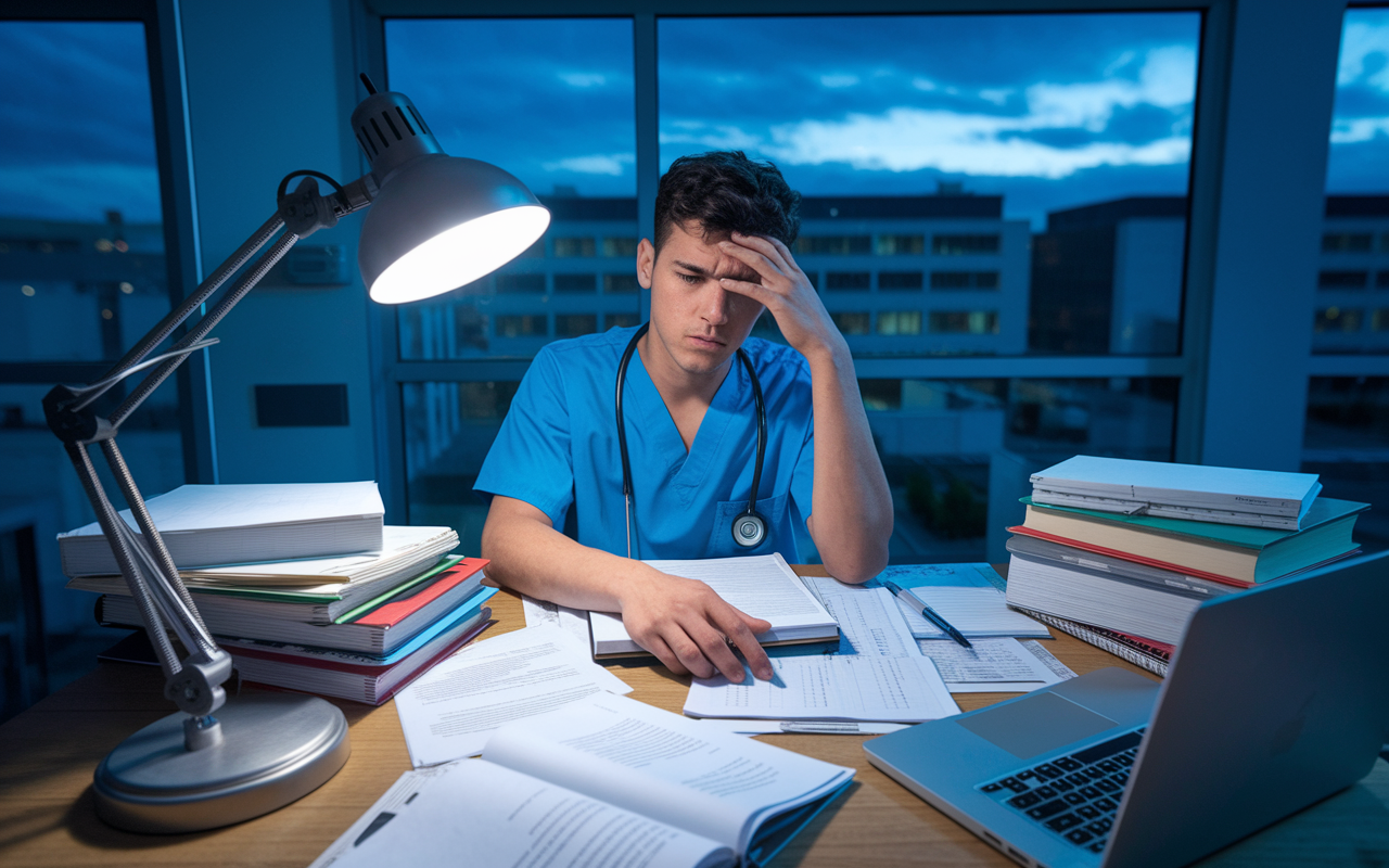 A concerned young intern in scrubs, sitting at a cluttered desk filled with medical books, charts, and a laptop, visibly stressed under the glow of a desk lamp. The intern is surrounded by papers and notes, looking overwhelmed yet determined. The backdrop features a hospital setting with a window showing a darkening sky, symbolizing long hours and challenging workload. The scene captures the intern's emotional struggle with a sense of dedication to their work amid challenges.