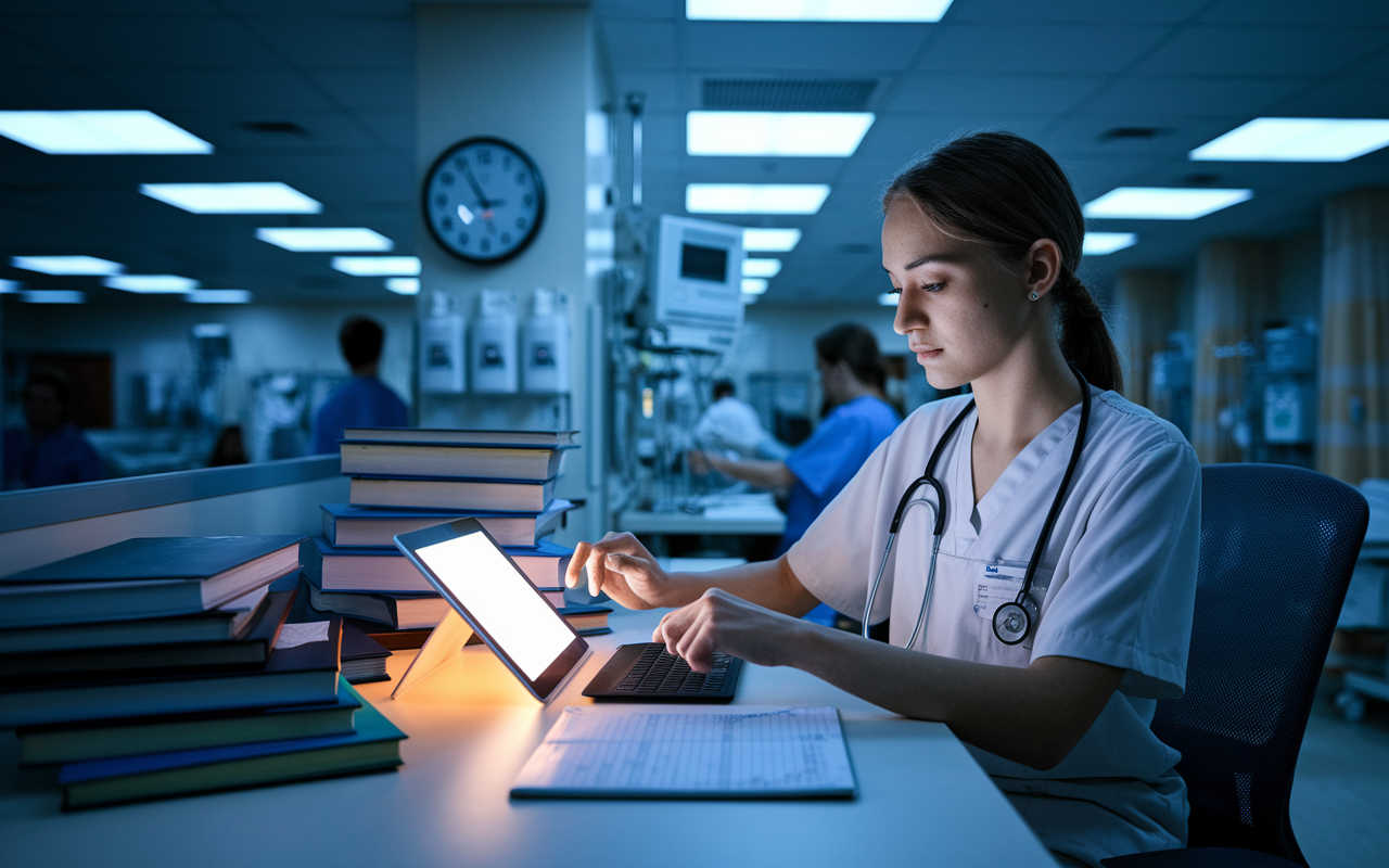 A young female intern, sitting at a streamlined hospital workstation, utilizes a tablet to organize her patient list and tasks efficiently. The screen glows softly in contrast to the bright hospital lights. Various medical texts are spread across the desk, and a wall clock indicates late hours, highlighting her commitment. The mood is one of focus and determination, with various hospital activities visible in the background, showcasing a blend of technology and medicine.