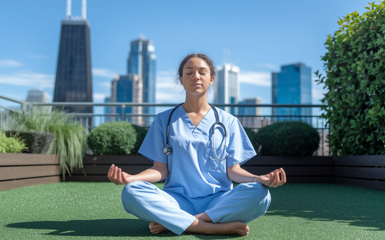 A young intern standing on a tranquil hospital rooftop garden during a break, practicing mindfulness with eyes closed and sitting in a peaceful lotus position. The skyline is visible in the background under a bright blue sky. Surrounding greenery adds a touch of calmness, symbolizing self-care and mental health. The intern’s face reflects a serene focus, showcasing the importance of taking time for oneself amidst the rigorous demands of the intern year.