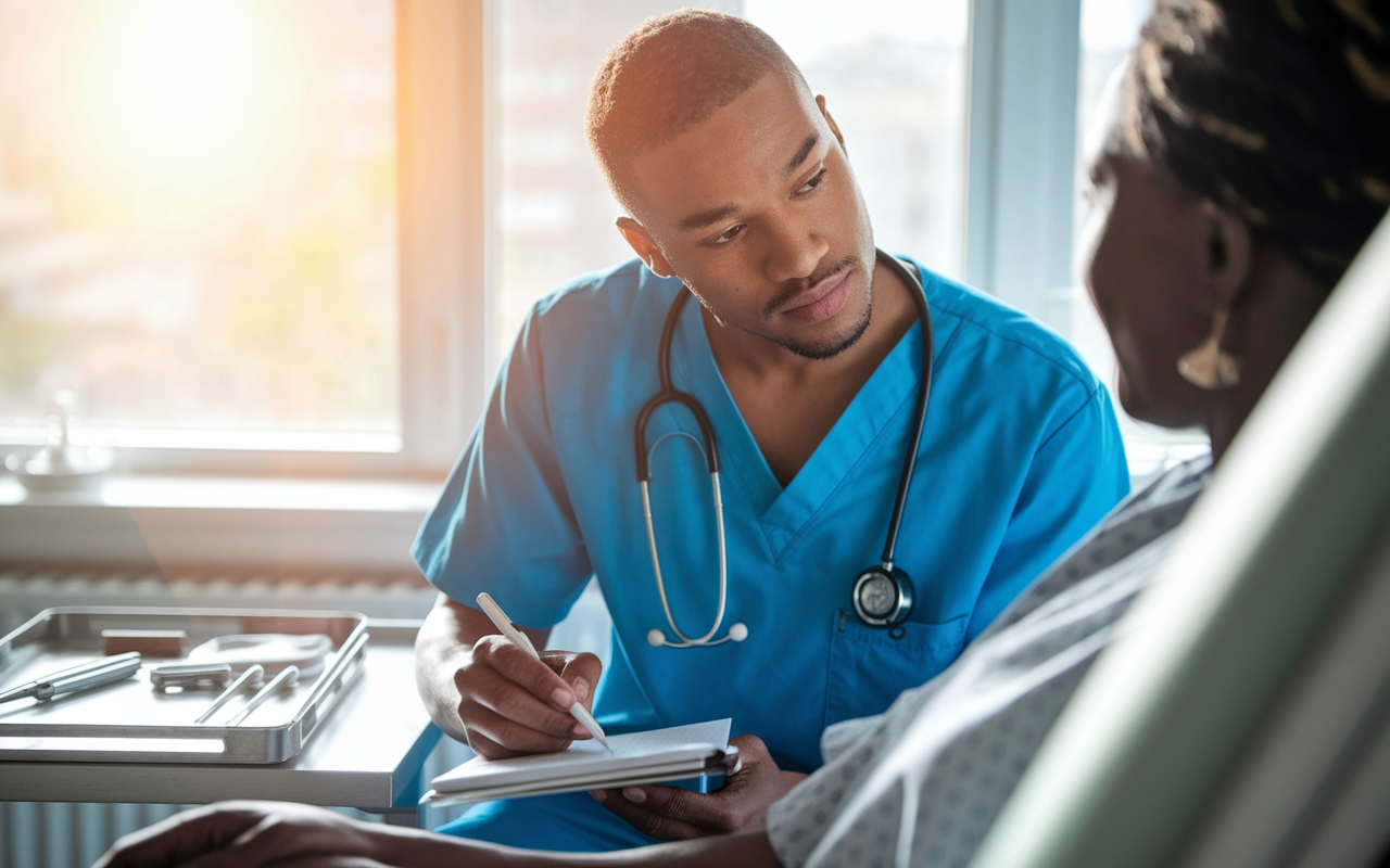 A medical intern in scrubs deeply engaging with a patient in a brightly lit hospital room. The intern is taking notes while the patient talks, conveying empathy and attentiveness. Various medical instruments are visible on a nearby tray, hinting at the care being provided. The sunlight filtering through the window adds warmth to the scene, symbolizing hope and trust.