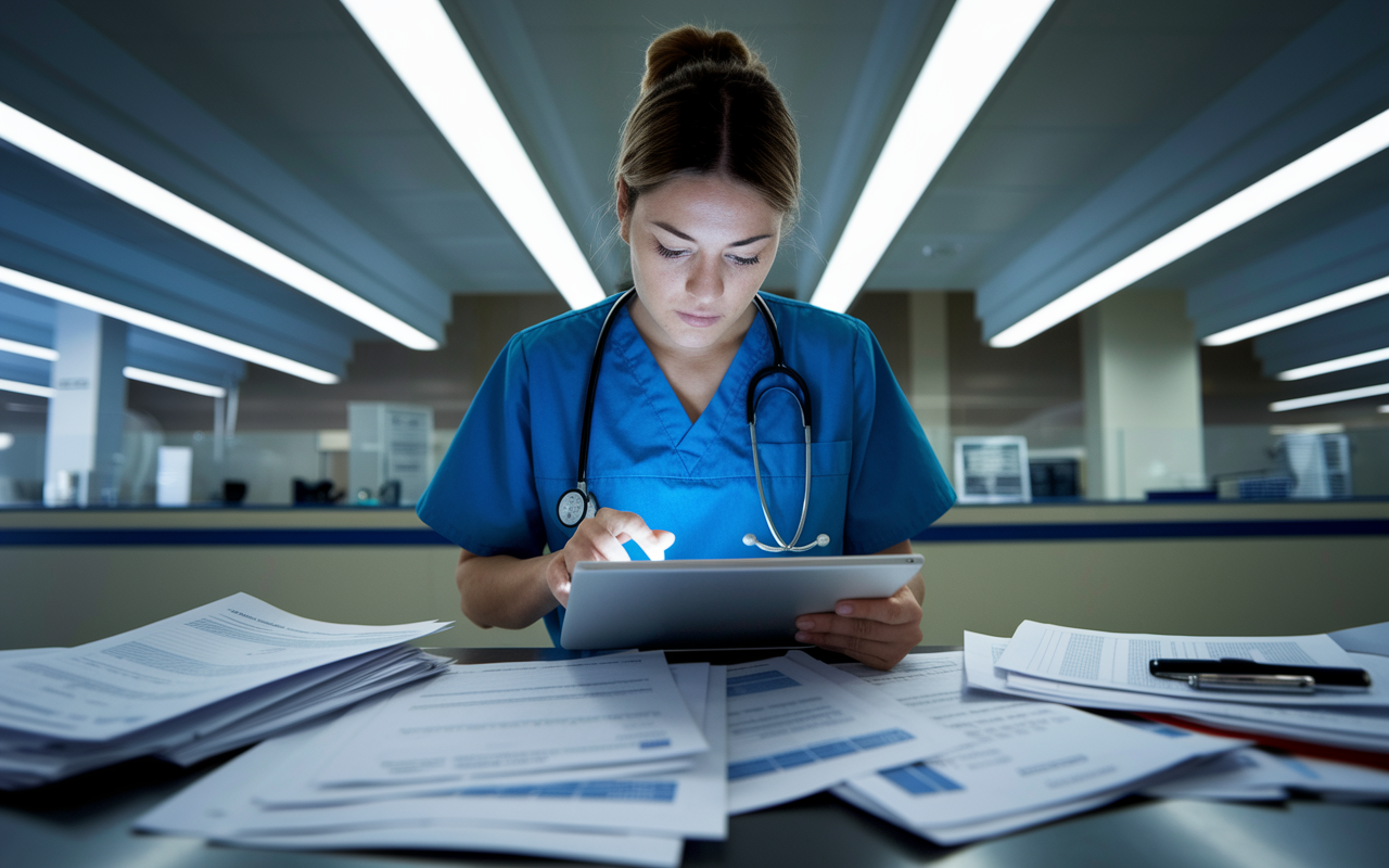 A medical intern immersed in work at a modern nursing station, utilizing a tablet to check patient records. Papers scattered around them, evidence of busy shifts, with urgency in their eyes. Bright fluorescent lights illuminate the space, emphasizing the blend between technology and patient care.