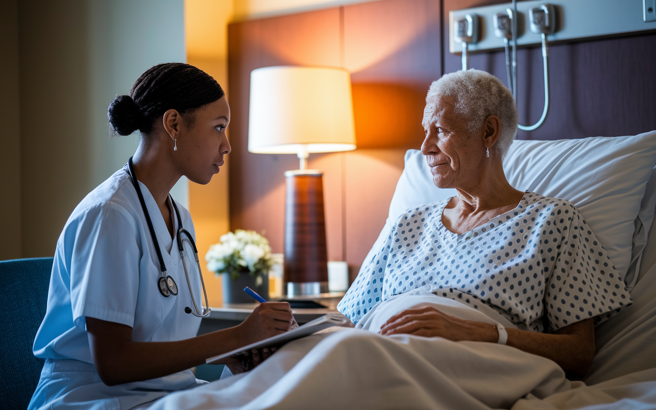 A compassionate medical intern sitting beside a patient in a hospital room, actively listening and taking notes. The patient exhibits concern, while the intern practices attentive body language. Warm lighting emanates from a bedside lamp, creating a comforting atmosphere.