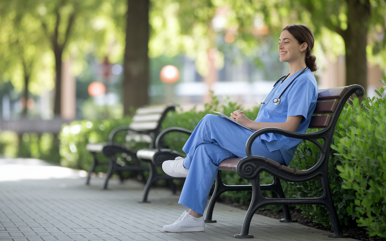 A serene moment depicting a medical intern in scrubs sitting on a park bench during a break, looking relaxed and reflective. A peaceful environment with green trees and soft sunlight, symbolizing the importance of balance amidst the hectic intern life. The intern is smiling slightly, indicating a moment of clarity and gratitude.