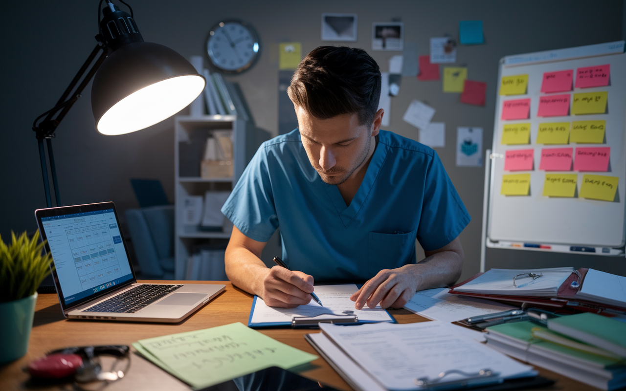 An intern in scrubs, focused at a cluttered desk filled with patient charts, a laptop open with a scheduling app, and a whiteboard in the background with color-coded notes indicating task priorities. Warm overhead lighting and a clock highlighting the late hours illustrate the struggle of managing time effectively.