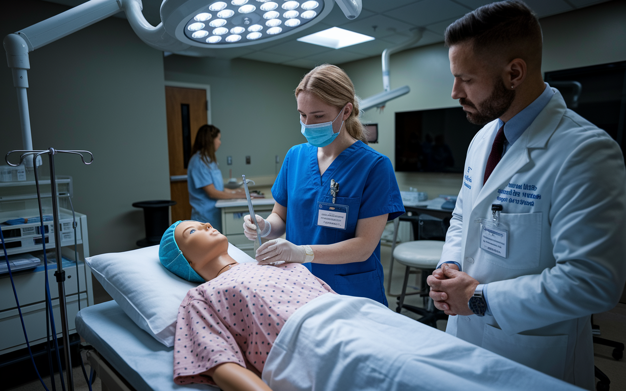 An intern in a simulation lab, performing a medical procedure on a lifelike mannequin under the attentive eye of a senior resident. The room is well-lit with clinical tools neatly arranged on a nearby table, conveying an atmosphere of focused learning, practice, and professional development.