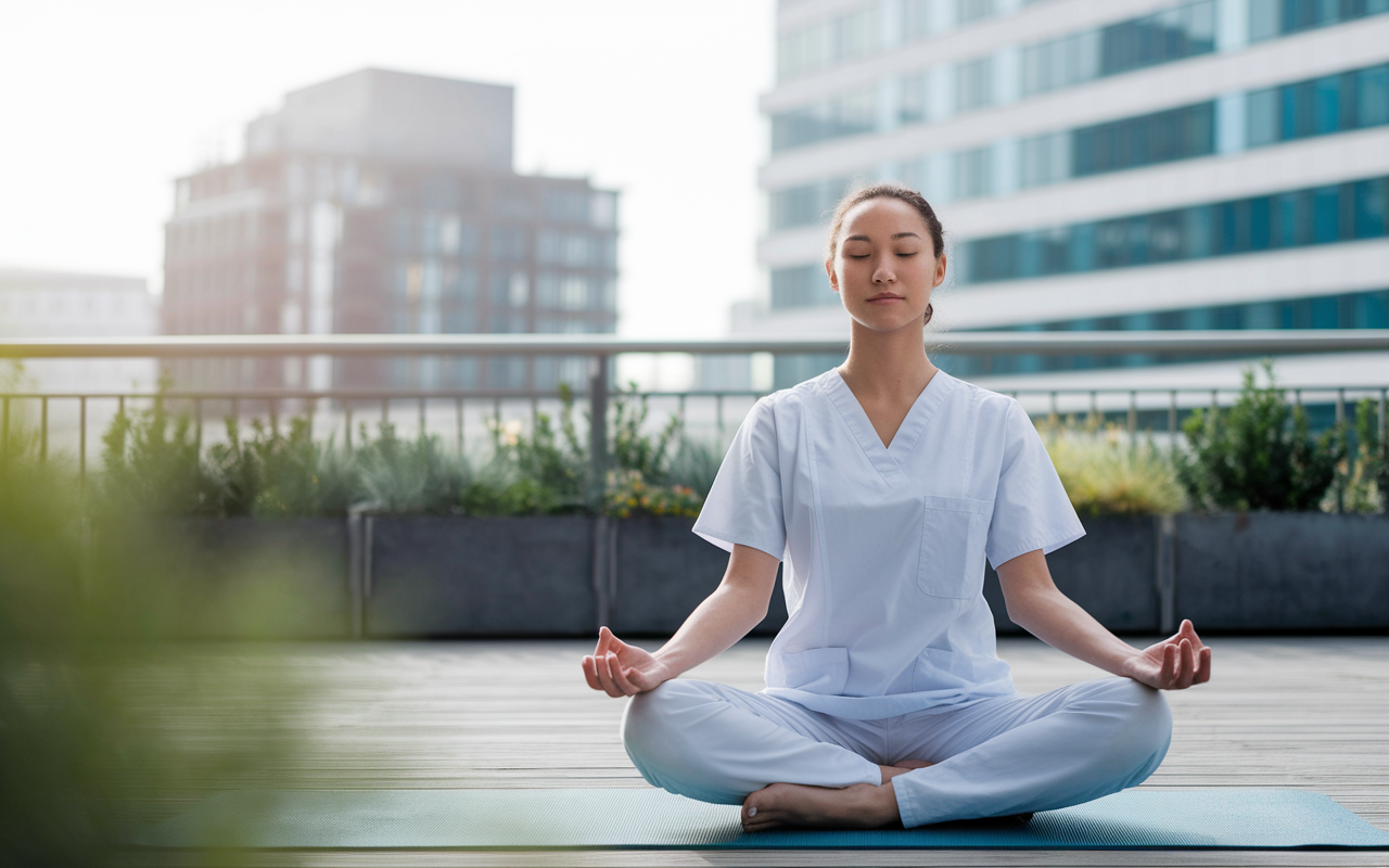 A young medical intern practicing yoga in a serene hospital courtyard or rooftop garden, surrounded by greenery. The soft morning light illuminates their relaxed posture, illustrating the importance of self-care in a hectic medical environment. The contrast of tranquility against the backdrop of the busy hospital evokes a peaceful, restorative atmosphere.