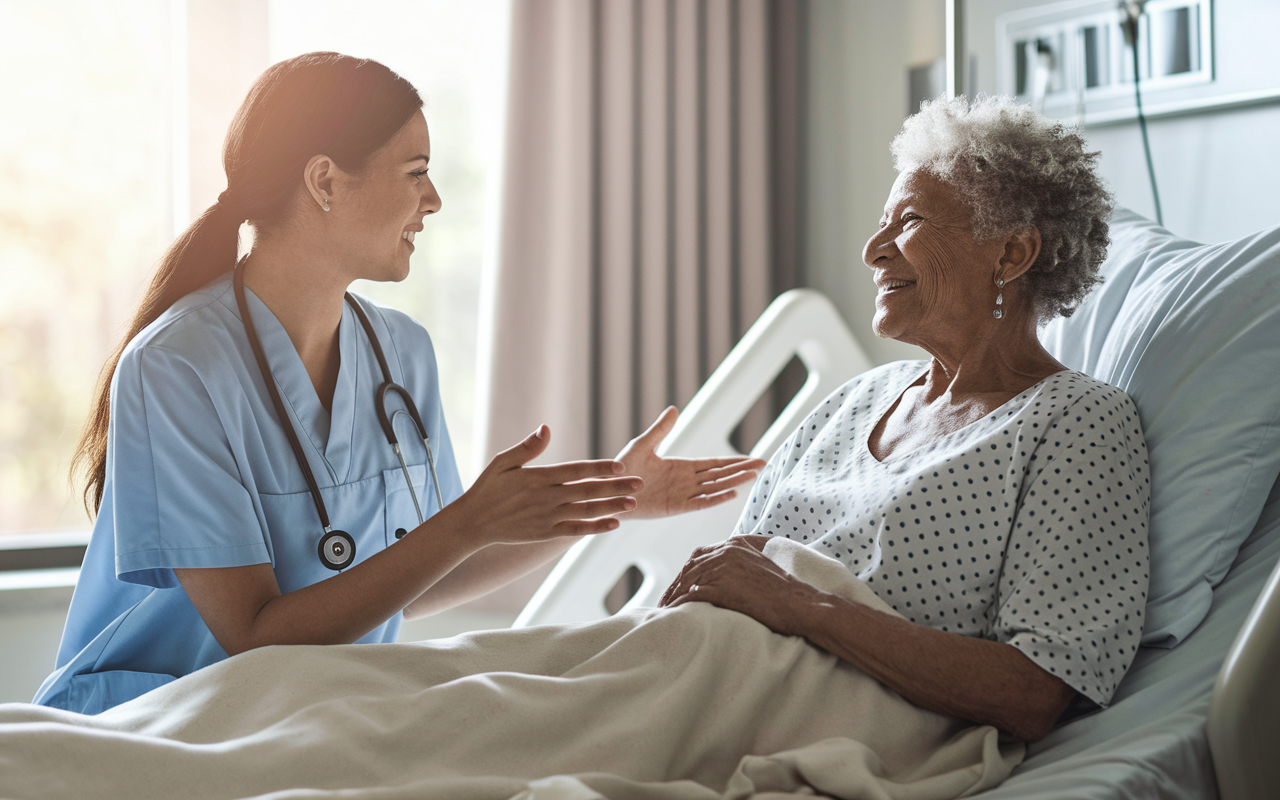 An intern in a hospital room, seated beside a patient bed, engaged in empathetic dialogue, with a compassionate expression as they explain a diagnosis. The patient, an elderly person, looks relieved and understanding, suggesting a supportive conversation. Soft, natural light filters through a window, creating an environment of warmth and care.