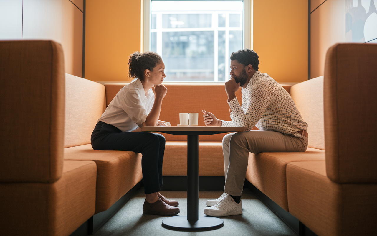 An intern sitting in a cozy break room with a trusted colleague, having a heart-to-heart conversation. They are surrounded by warm colors and soft furnishings, creating a comfortable atmosphere for discussing inner thoughts and challenges. The intern has a reflective expression, symbolizing the journey of overcoming imposter syndrome.