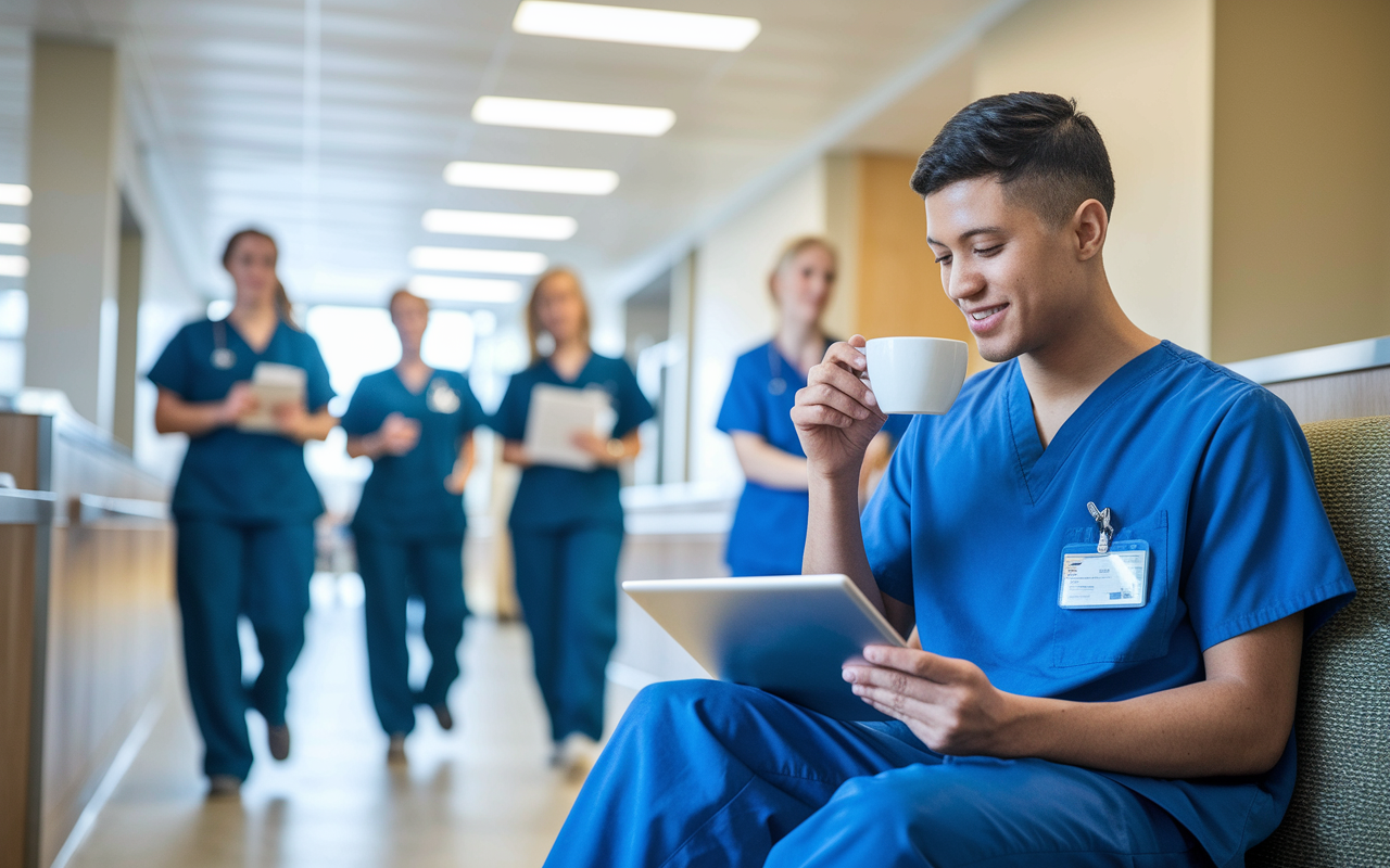 An intern in scrubs, sitting in a quieter corner of the hospital with a tablet, engaging in online medical learning while sipping coffee. The background features a bustling hospital environment, with nurses and doctors passing by, showing the balance of education and duty. The lighting is bright and inviting, reflecting a motivating study atmosphere.