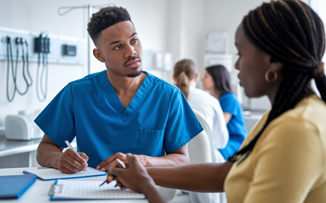 A focused student in scrubs observing a physician during a patient examination in a clinical setting. The room is well-lit, with medical equipment and patient charts visible. The student is taking notes, showing keen interest, while the physician interacts with the patient with care. The atmosphere is professional yet compassionate, highlighting the importance of real-world experience in medical training.