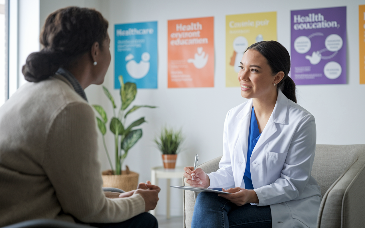 A diligent student interacting with a patient in a comforting healthcare setting, showcasing empathetic communication. The student, in a white coat, is attentively listening and taking notes, while the patient shares their concerns. The room is bright and warm, decorated with encouraging health posters, embodying the supportive environment necessary for healthcare education.