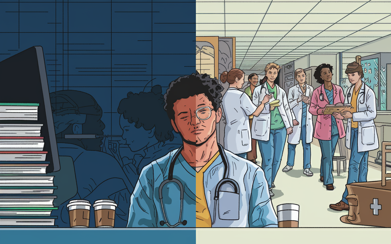 A split view image showing the reality of medical internships. On one side, an intern in front of a computer at night, surrounded by stacks of medical books and coffee cups, depicting stress and fatigue. On the other side, a lively scene in a bustling hospital where colleagues collaborate and engage with patients, highlighting teamwork and responsibility. The contrast between isolation and camaraderie is vivid, showcasing a day in the life of a medical intern.